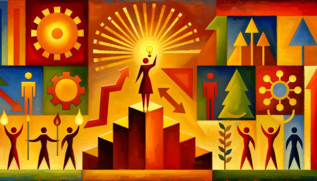 abstract painting of a woman standing on a podium raising her hand