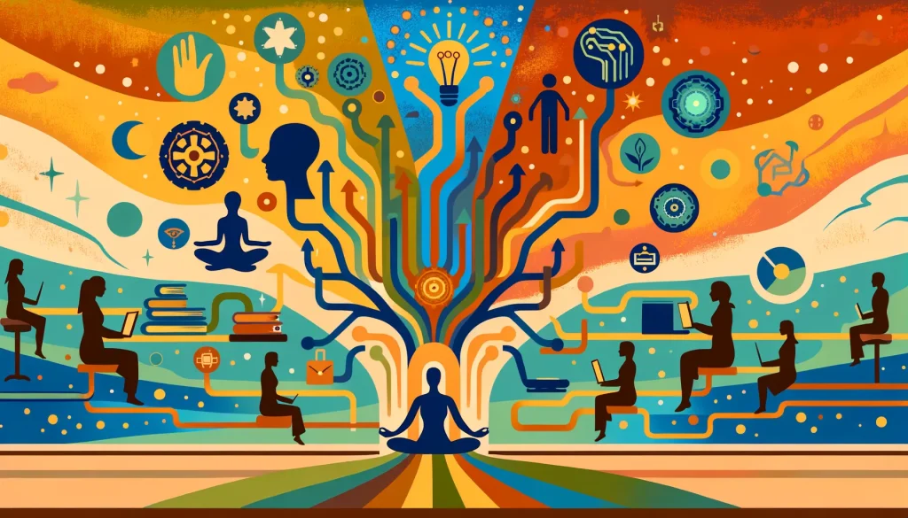 Abstract painting of a tree with a person meditating in the front.