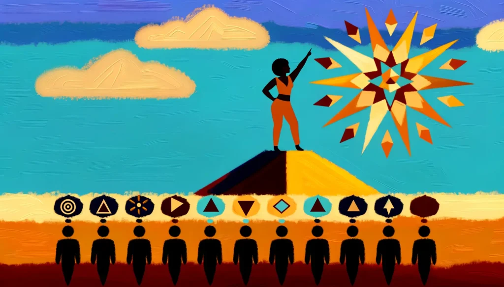 illustration of a woman standing on a pyramid pointing at the sun