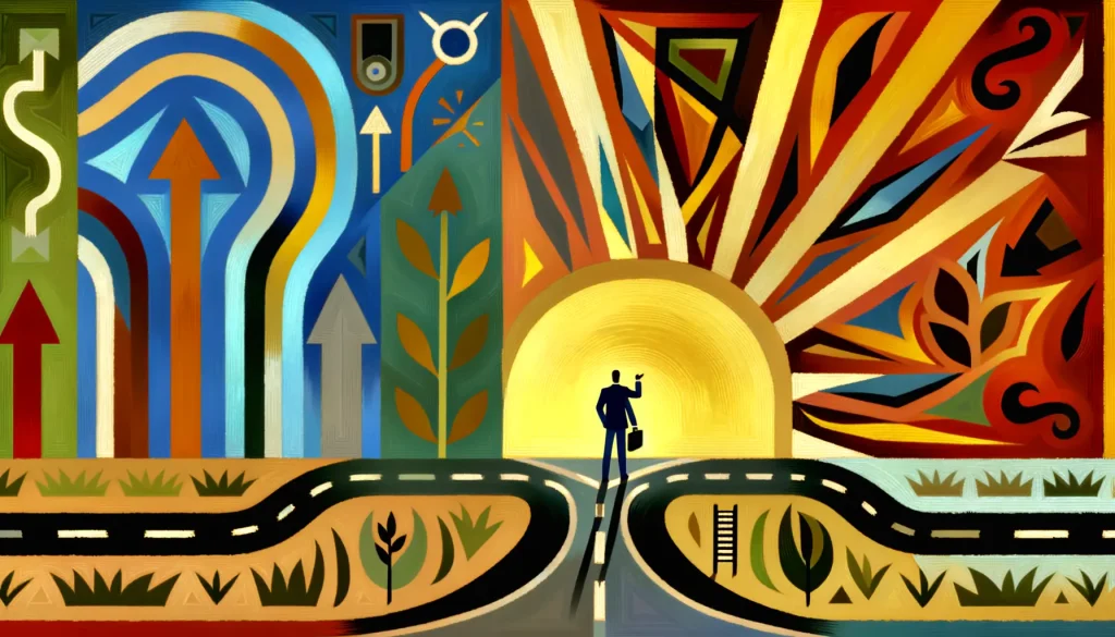 Illustration of a man in front of the sun questioning where to go next.